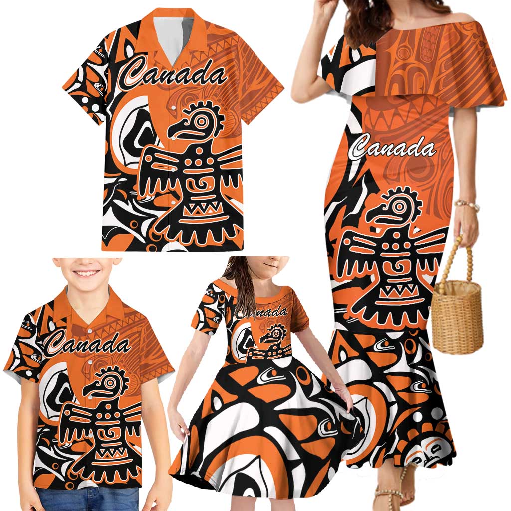 Personalized Canada Haida Eagle Family Matching Mermaid Dress and Hawaiian Shirt Orange Style - Wonder Print Shop