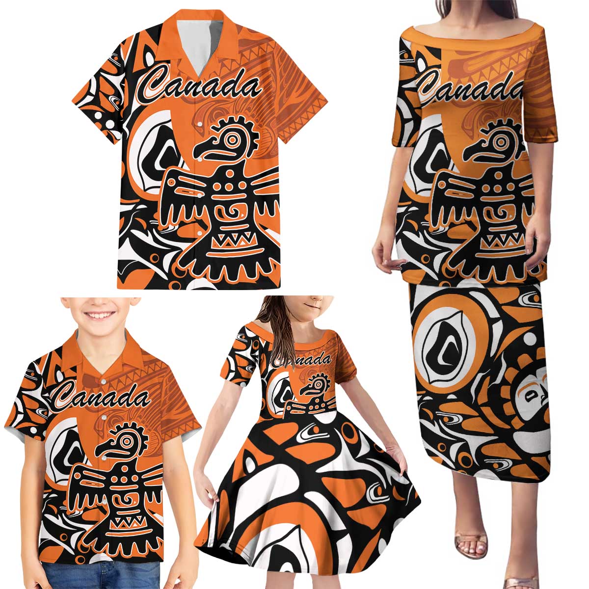 Personalized Canada Haida Eagle Family Matching Puletasi and Hawaiian Shirt Orange Style - Wonder Print Shop