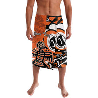Orange and black white swim shorts, side view, with bold abstract eagle design and 'Your Text'