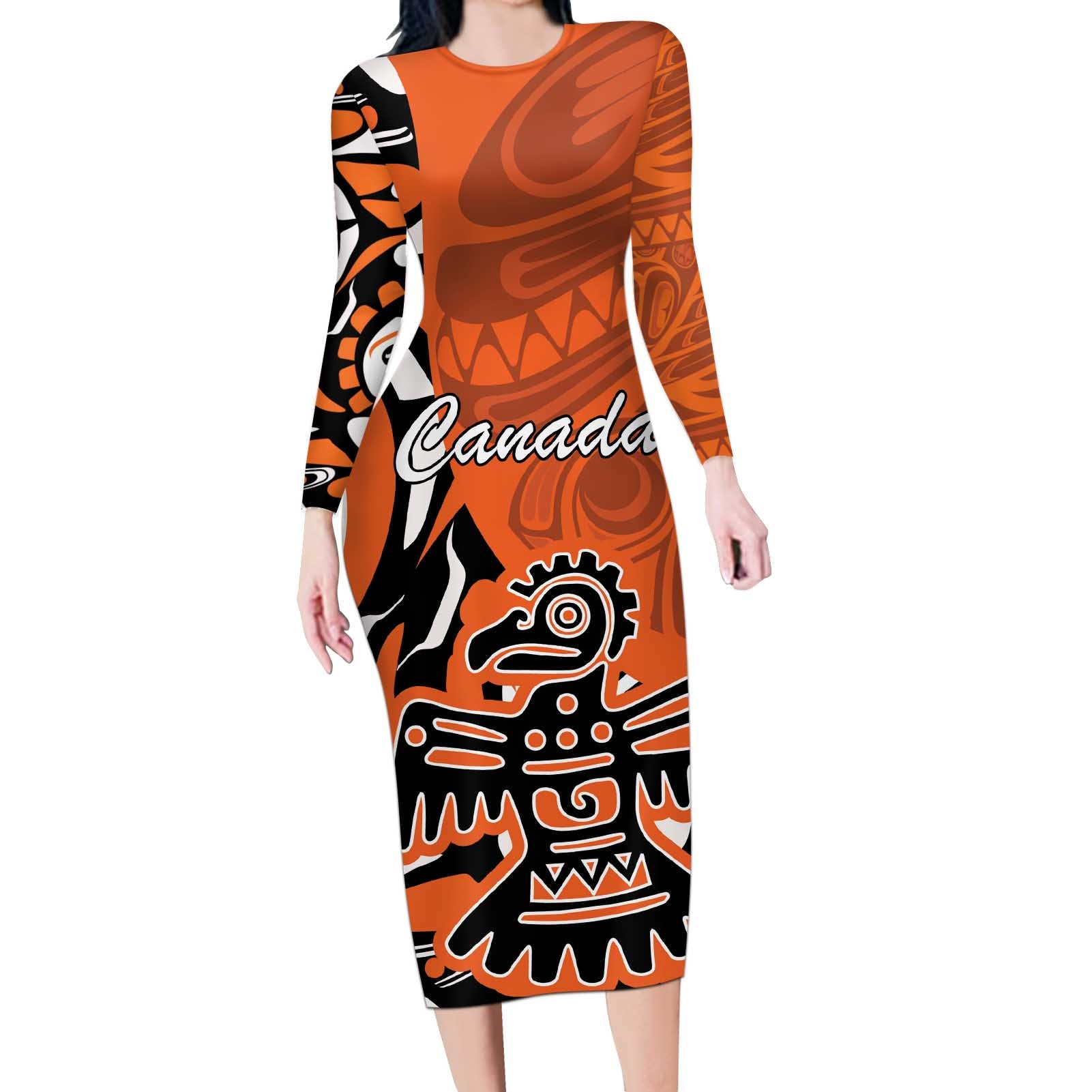 Personalized Canada Haida Eagle Long Sleeve Bodycon Dress Orange Style - Wonder Print Shop