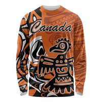 Orange long-sleeve shirt with Canada and Haida eagle graphic, crew neck, unisex fit.