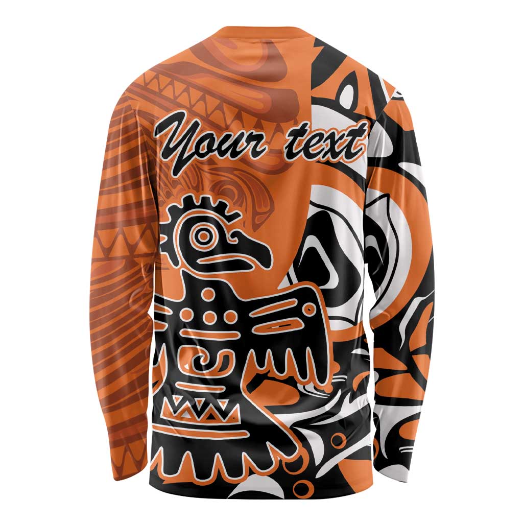 Orange long-sleeve shirt with 'Your text' back print and Haida eagle, crew neck.