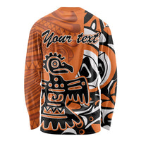 Orange long-sleeve shirt with 'Your text' back print and Haida eagle, crew neck.