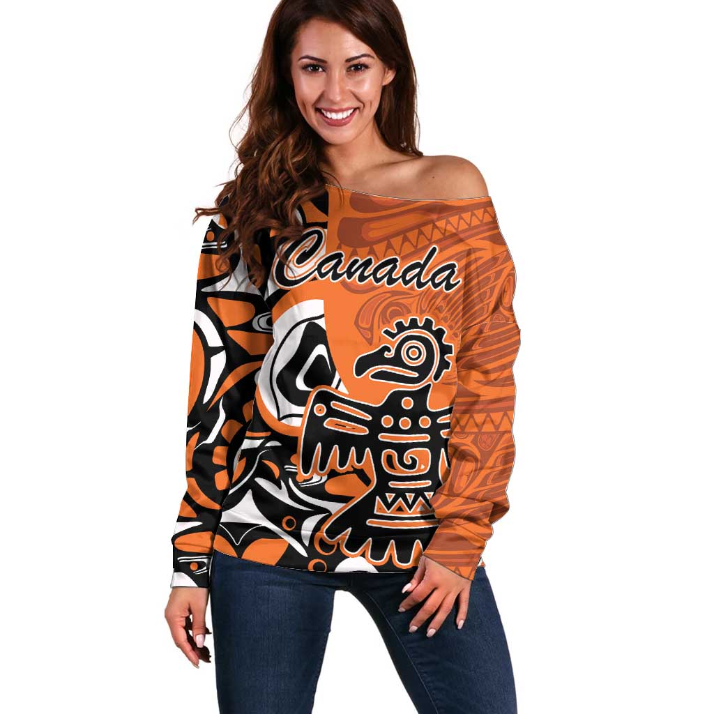 Personalized Canada Haida Eagle Off Shoulder Sweater Orange Style - Wonder Print Shop