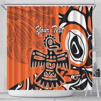 Orange shower curtain with large totem-eagle graphic and custom-text area, top grommets