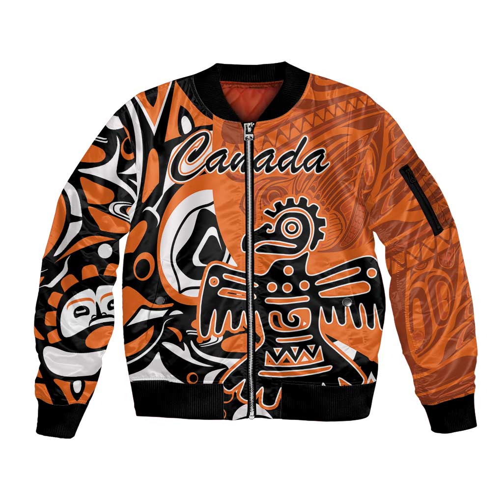 Personalized Canada Haida Eagle Sleeve Zip Bomber Jacket Orange Style