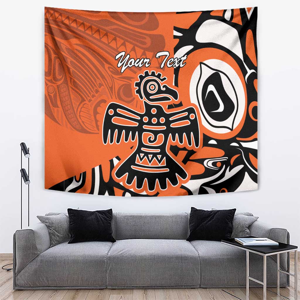 Orange Haida-style eagle tapestry with custom text and bold black-and-white graphics