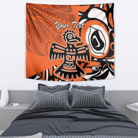 Orange Haida-style eagle tapestry with custom text and large eye graphic in black/white