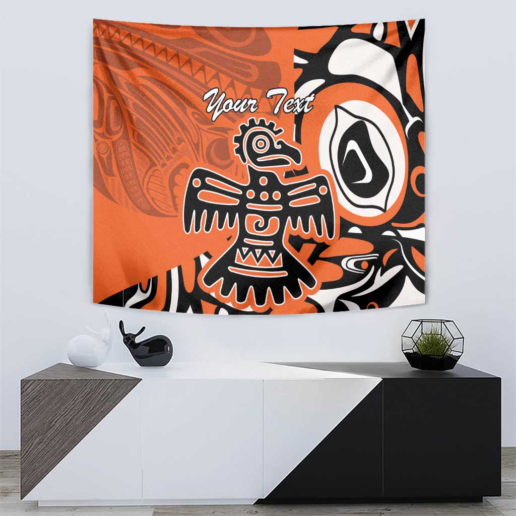 Orange Haida-style eagle tapestry with custom text, eagle face and wing pattern