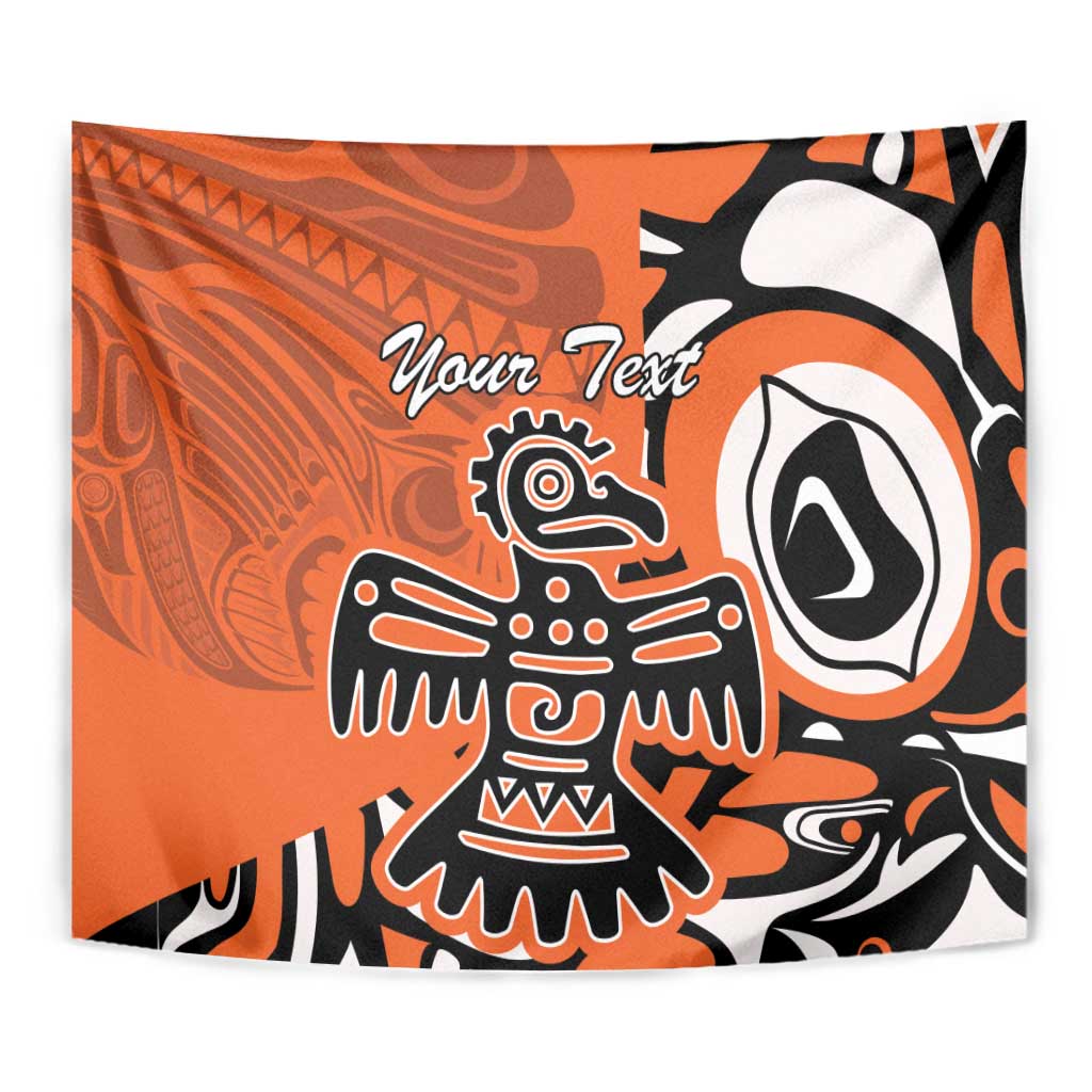 Orange Haida-style eagle tapestry with custom text, detailed crest and feather shapes