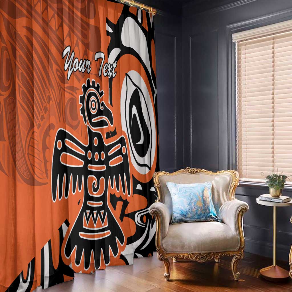 Orange window curtains with eagle and Haida-style graphic, personalized text on panel