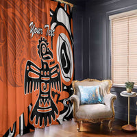 Orange window curtains with eagle and Haida-style graphic, personalized text on panel