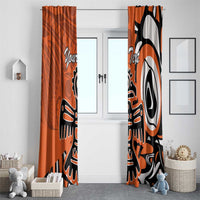 Orange window curtain pair with Haida-style eagle artwork and personalized text