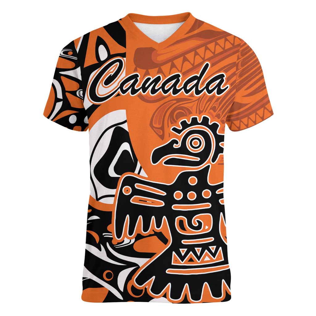 Personalized Canada Haida Eagle Women V-Neck T-Shirt Orange Style - Wonder Print Shop