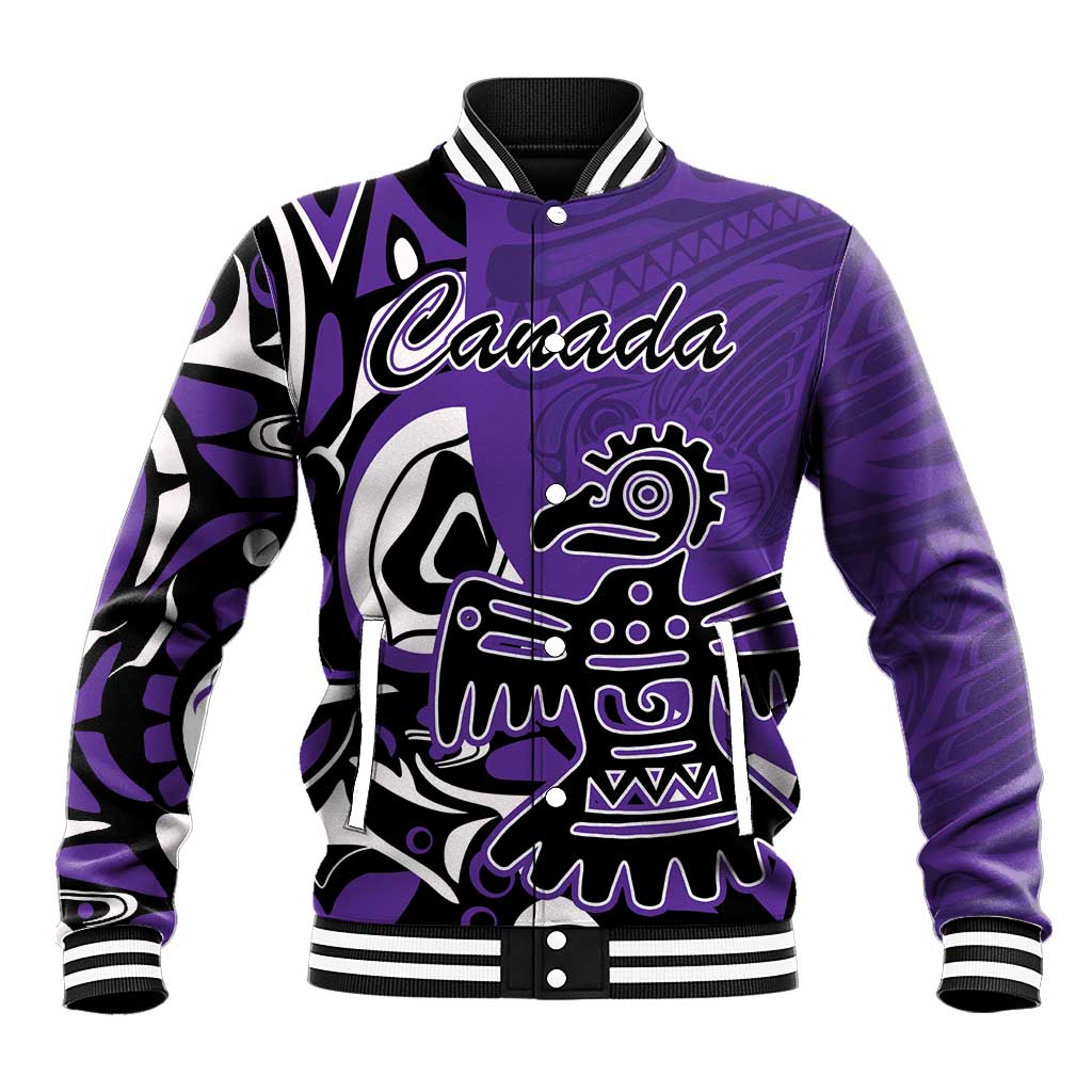 Purple baseball jacket with white Canada graphic and tribal eagle front, varsity collar