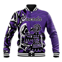 Purple baseball jacket with white Canada graphic and tribal eagle front, varsity collar