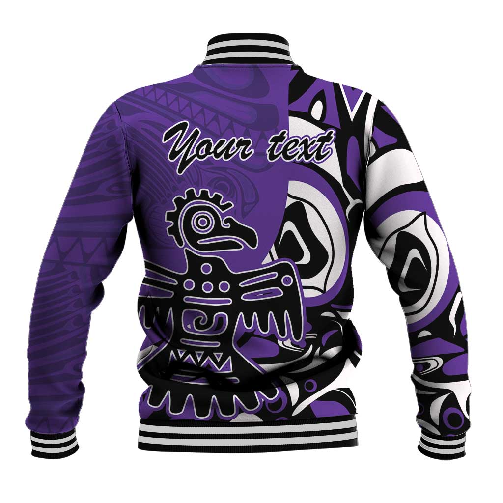Purple baseball jacket back with white Haida eagle graphic and striped ribbed cuffs