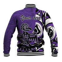 Purple baseball jacket back with white Haida eagle graphic and striped ribbed cuffs