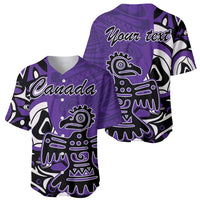 Purple baseball jersey front and back with Haida eagle motifs and 'Your text'