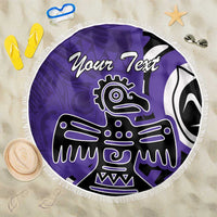 Purple round beach blanket with fringe edge, eagle graphic and Your Text print