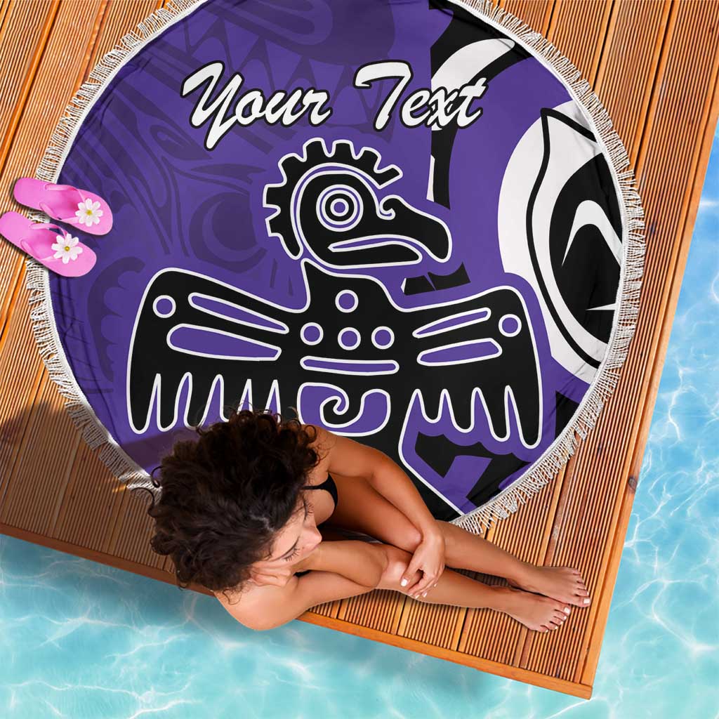 Purple round beach blanket with fringe edge, eagle graphic and Your Text print, full view