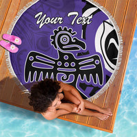 Purple round beach blanket with fringe edge, eagle graphic and Your Text print, full view