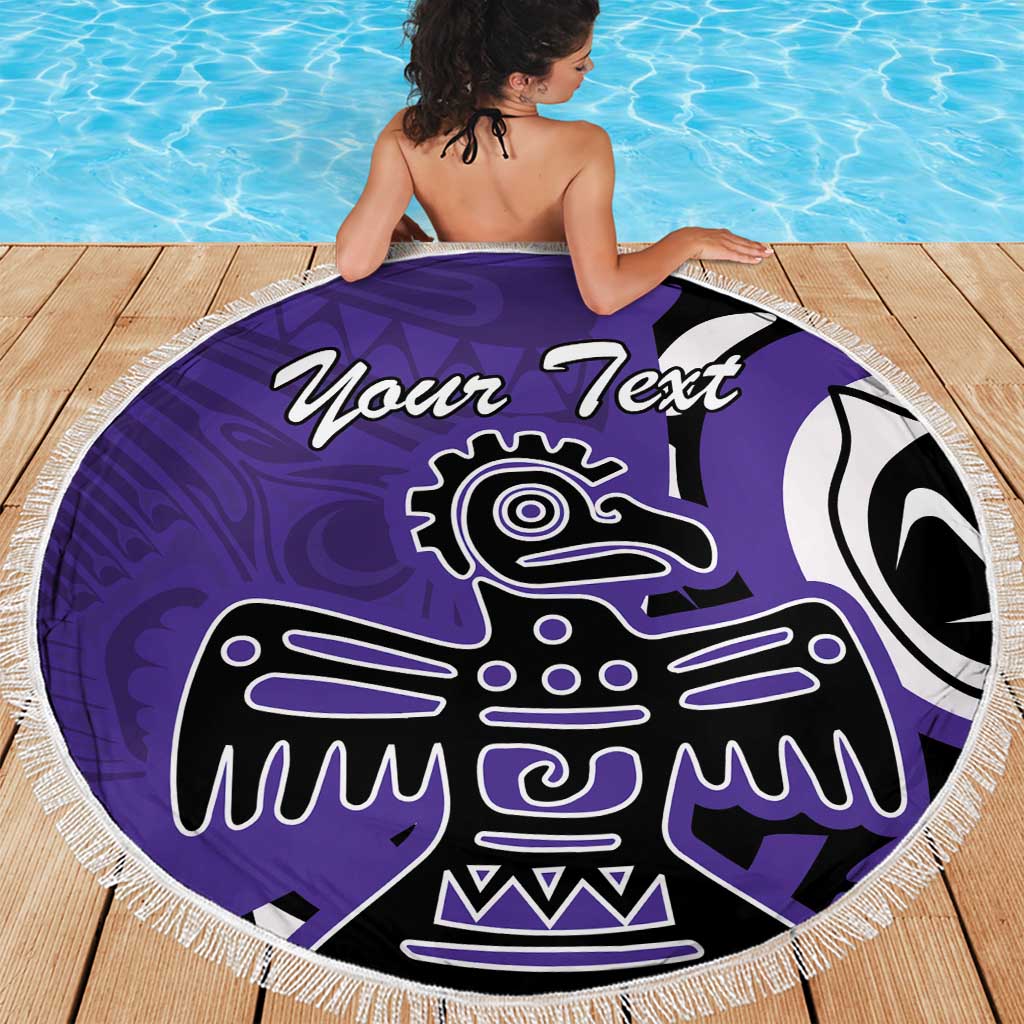 Purple round beach blanket with fringe edge, eagle graphic and Your Text print, on deck