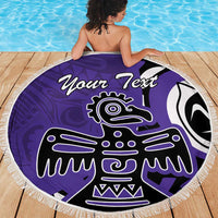 Purple round beach blanket with fringe edge, eagle graphic and Your Text print, on deck