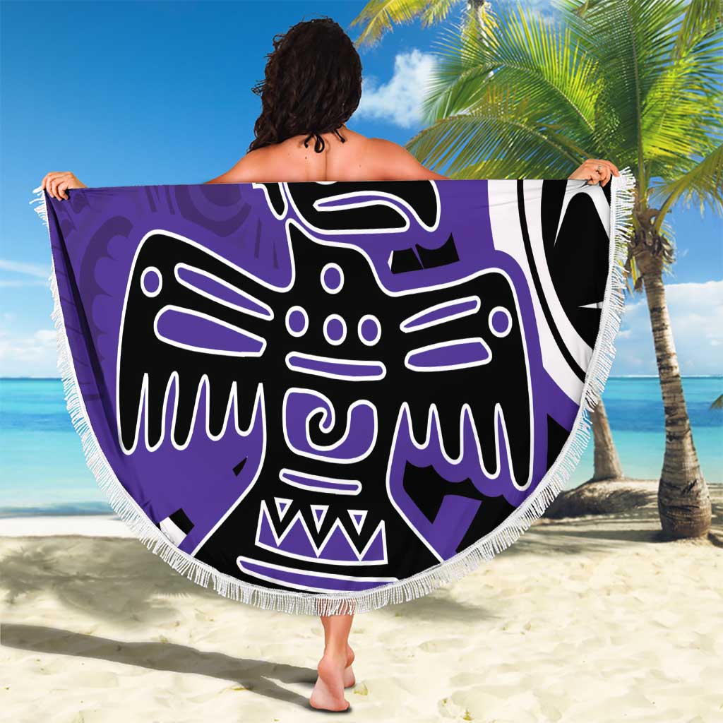 Purple round beach blanket with fringe edge, eagle graphic and Your Text print, worn as cape