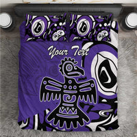 Purple duvet cover with bold eagle-style graphic and “Your Text” in white and black.