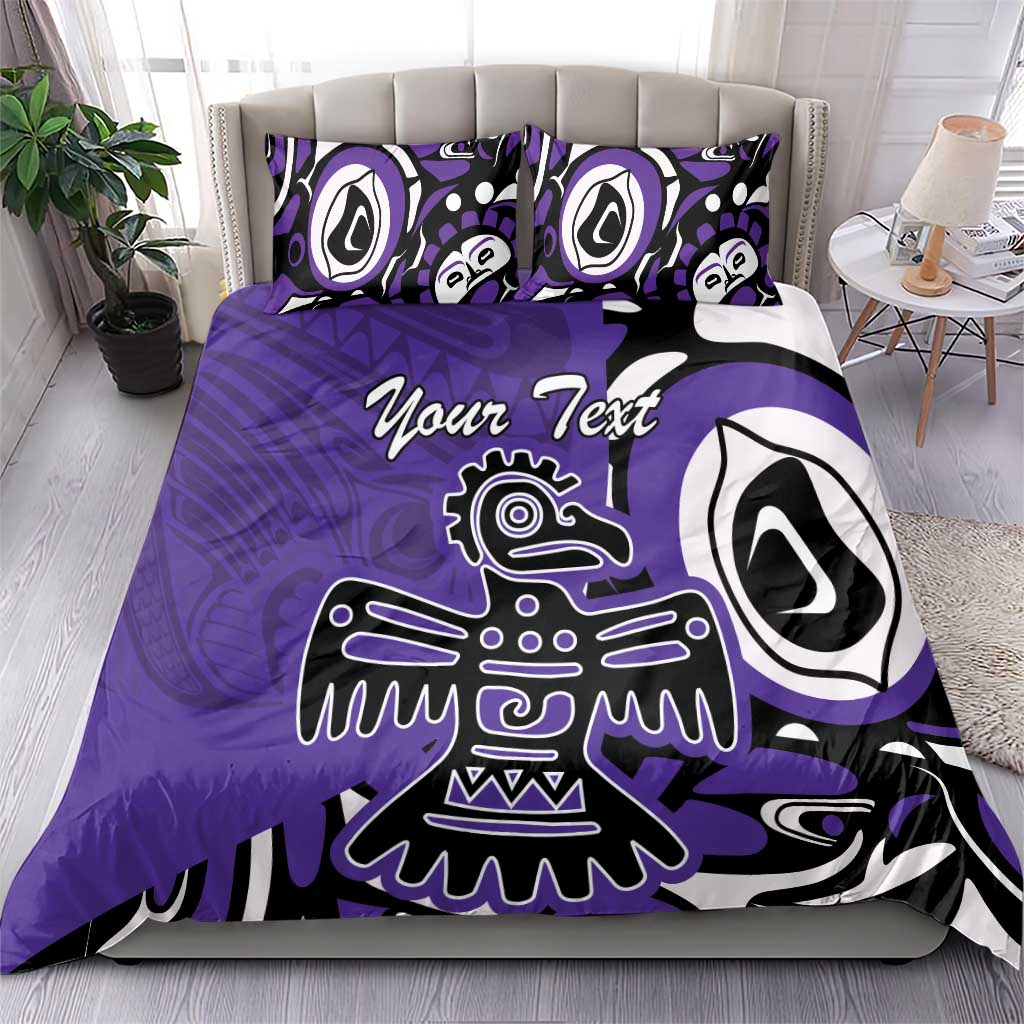 Purple bedding set: duvet cover and pillowcases with eagle-style art and “Your Text”.