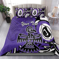Purple bedding set: duvet cover and pillowcases with eagle-style art and “Your Text”.