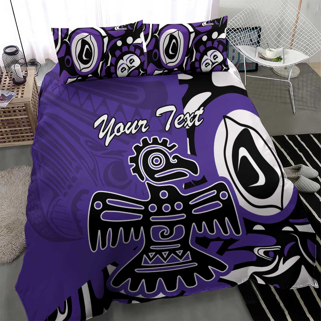 Purple duvet cover with eagle-style illustration, large white mask shapes, and “Your Text”.