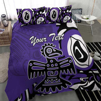 Purple duvet cover with eagle-style illustration, large white mask shapes, and “Your Text”.