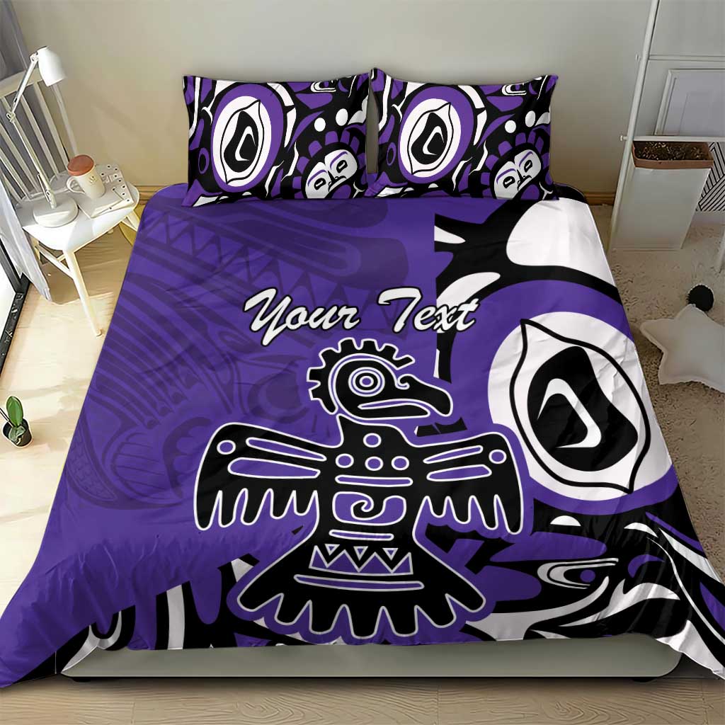 Purple duvet cover with eagle graphic, “Your Text” lettering, and large black-and-white emblem.