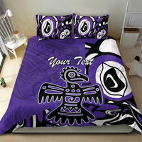 Purple duvet cover with eagle graphic, “Your Text” lettering, and large black-and-white emblem.