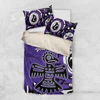 Purple bedding set shown flat: duvet cover with eagle art and two matching pillowcases.