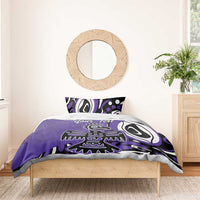 Purple duvet and pillowcase set with eagle-style artwork and “Your Text” centered on bed.