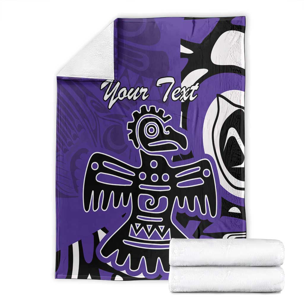 Purple personalized throw blanket with eagle/Haida motif and 'Your Text'