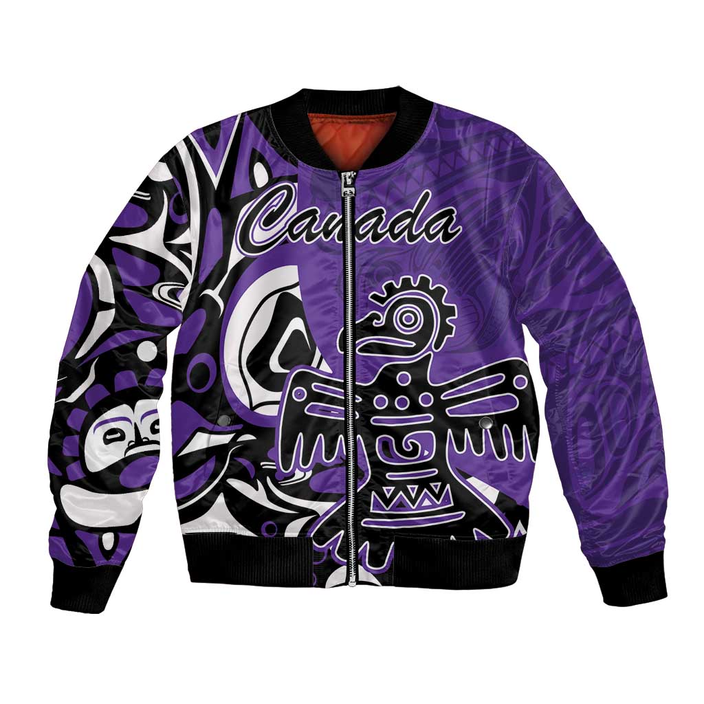 Purple bomber jacket with front zip, Canada text, and Haida-style eagle graphic