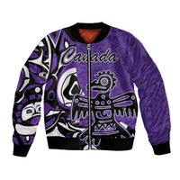 Purple bomber jacket with front zip, Canada text, and Haida-style eagle graphic