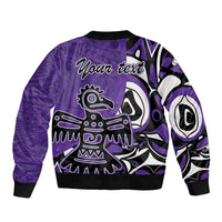 Purple bomber jacket with black trim, back graphic and 'Your text' callout