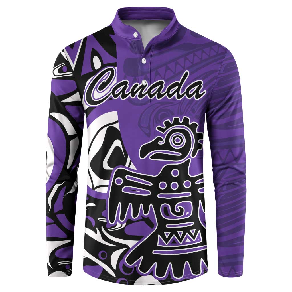 Purple button sweatshirt with Canada text and Haida eagle graphic, long sleeves.