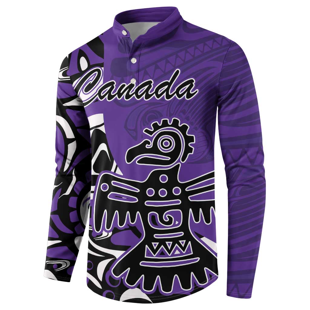 Purple button sweatshirt with large front eagle graphic and Canada logo, long sleeves.