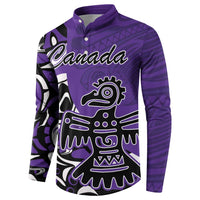Purple button sweatshirt with large front eagle graphic and Canada logo, long sleeves.
