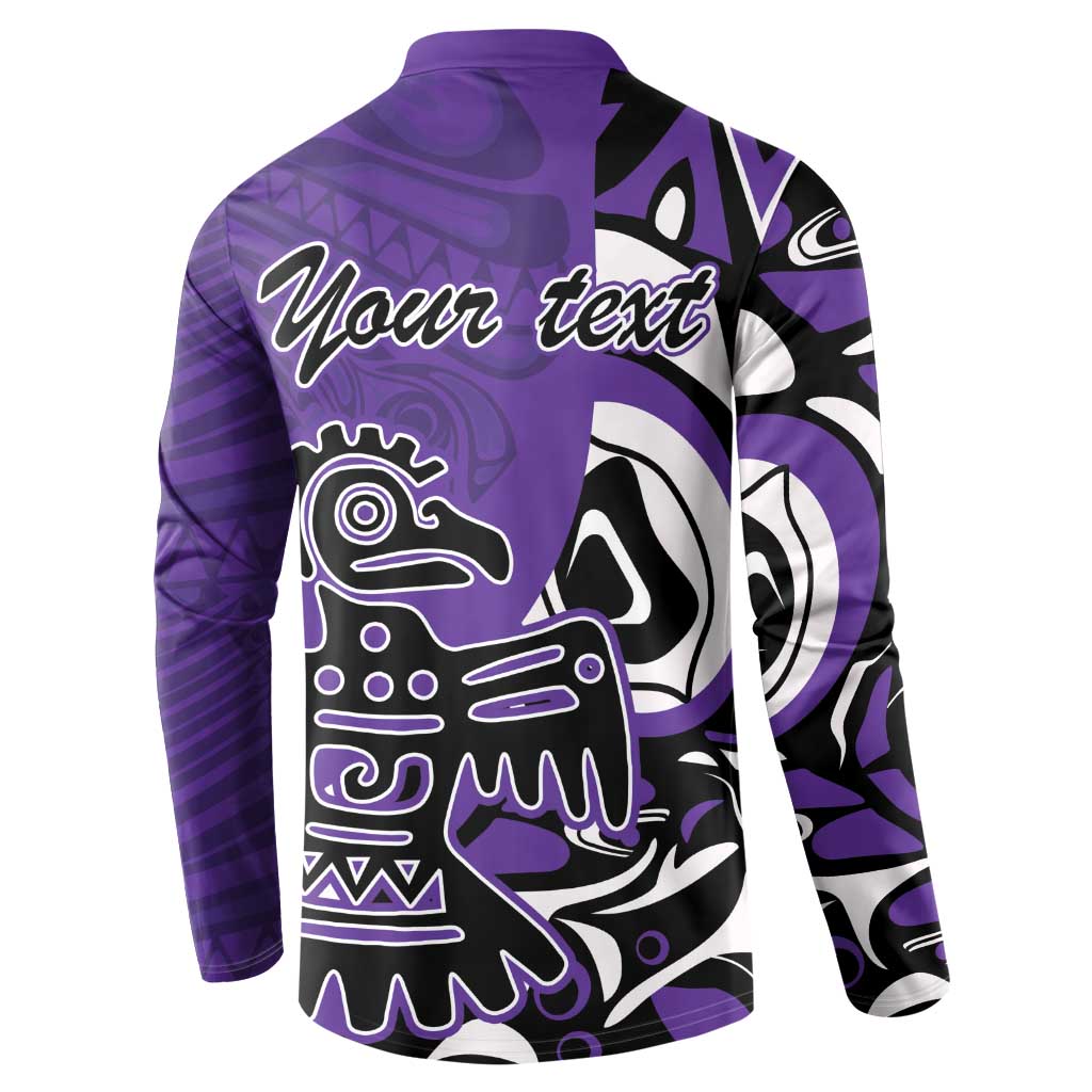 Purple button sweatshirt with back eagle graphic and 'Your text' print.