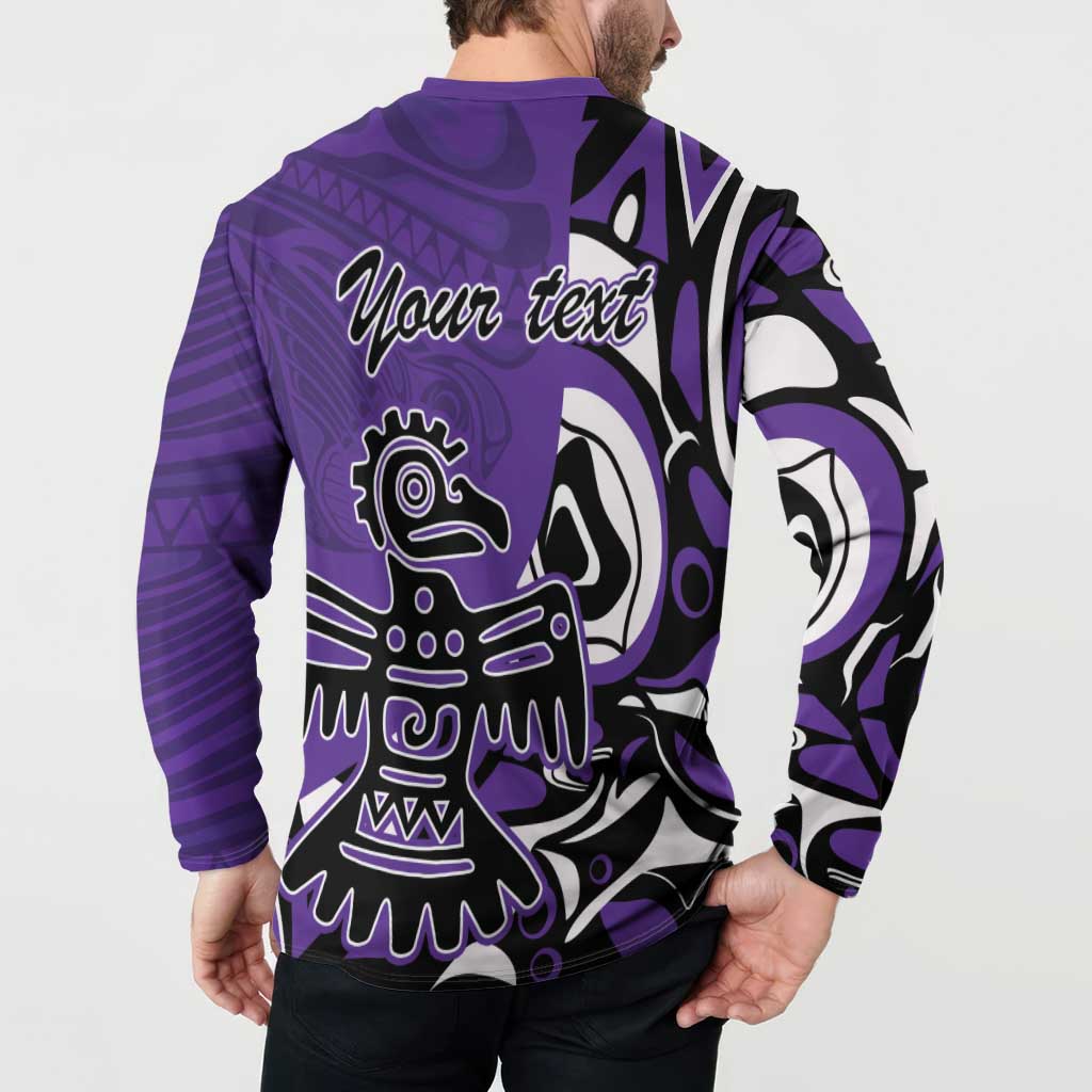 Purple button sweatshirt with back eagle graphic, long sleeves, and 'Your text' print.