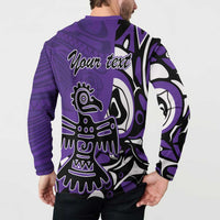 Purple button sweatshirt with back eagle graphic, long sleeves, and 'Your text' print.
