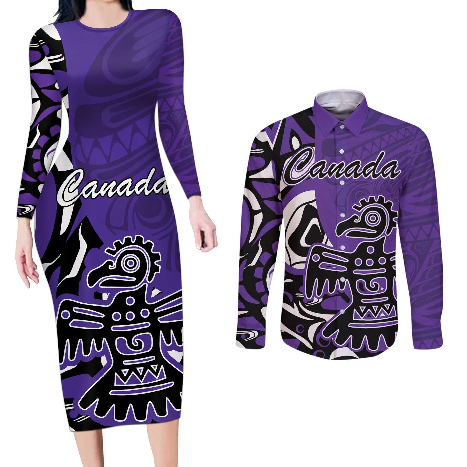 Personalized Canada Haida Eagle Couples Matching Long Sleeve Bodycon Dress and Long Sleeve Button Shirt Purple Style - Wonder Print Shop