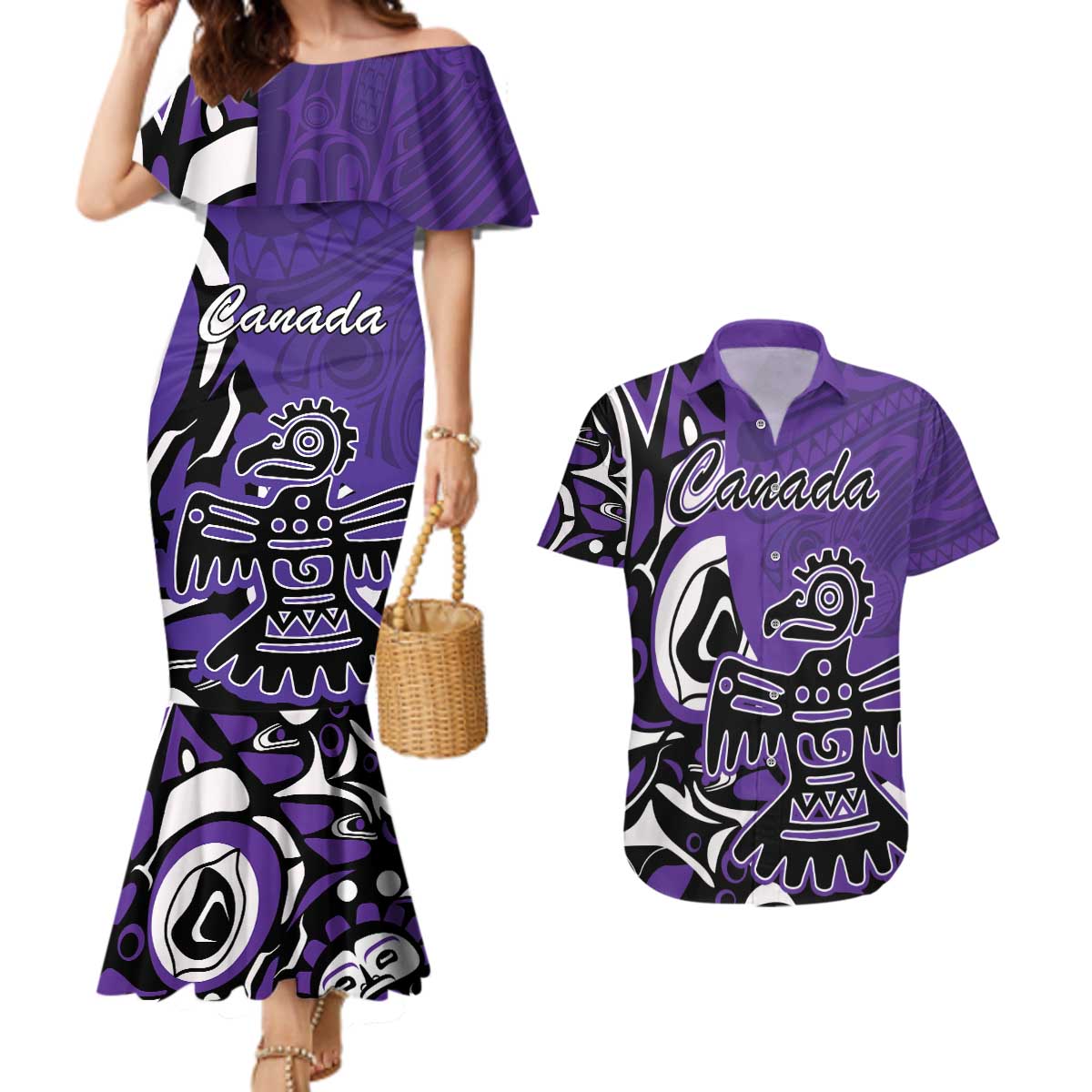 Personalized Canada Haida Eagle Couples Matching Mermaid Dress and Hawaiian Shirt Purple Style - Wonder Print Shop